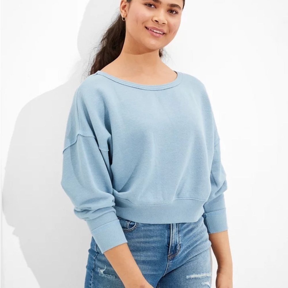 American Eagle Powder Blue Forever Loose Cropped Crew Neck Sweatshirt Size XS